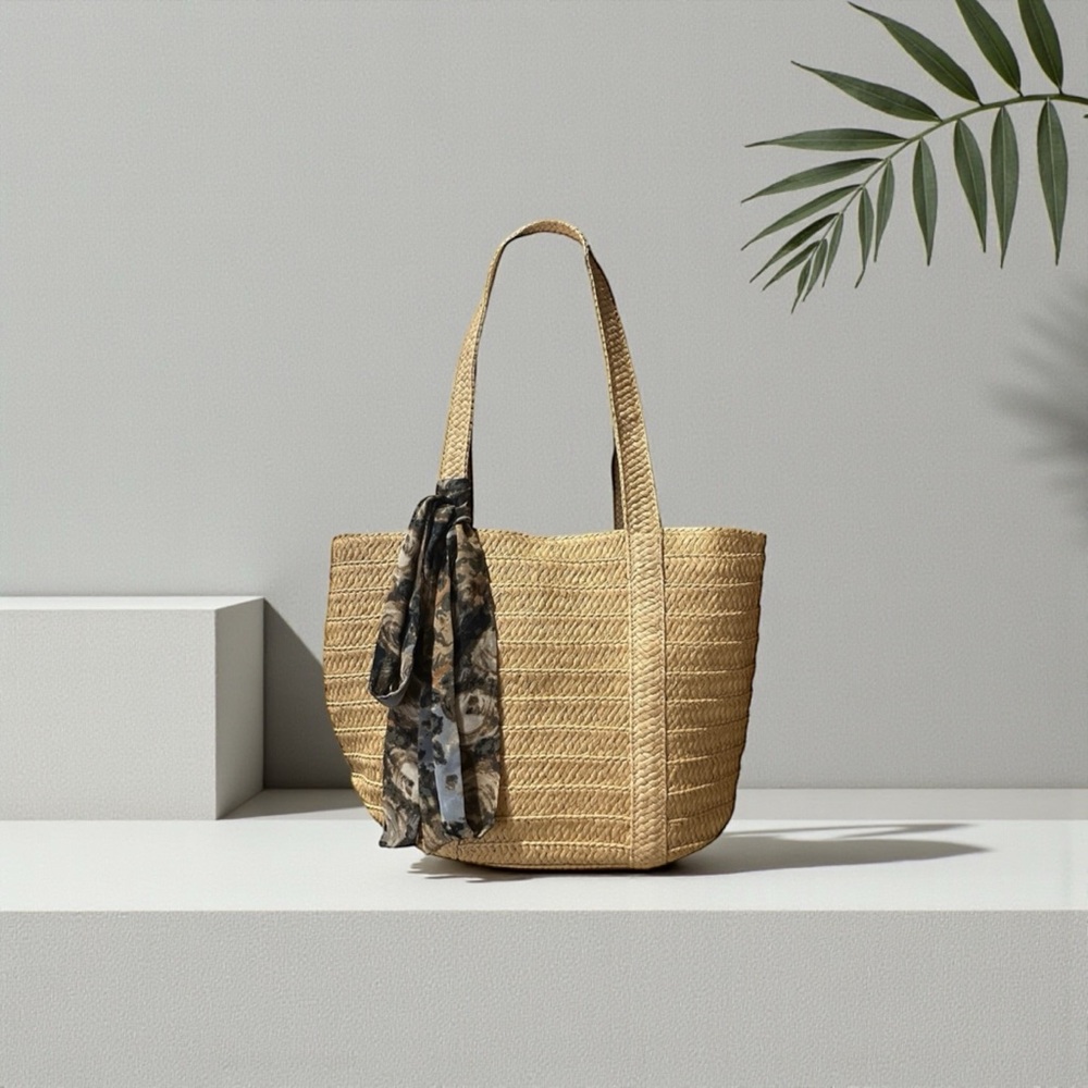 Draper James Natural Rafia Straw Tote Bag  Brown Tan & Gray Scarf | Medium Size